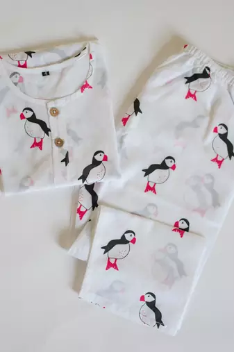 white multicolor hand screen printed unisex sleepwear set- set of 2