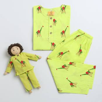 green multicolor hand screen printed unisex sleepwear set- set of 2 1