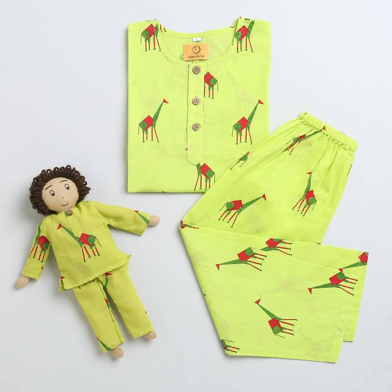 green multicolor hand screen printed unisex sleepwear set- set of 2