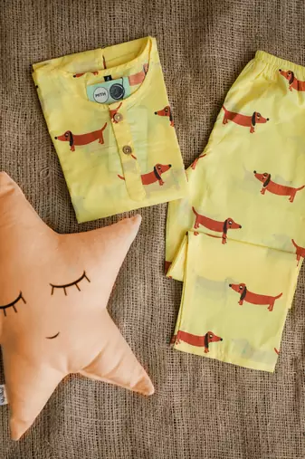 yellow red hand screen printed unisex sleepwear set- set of 2