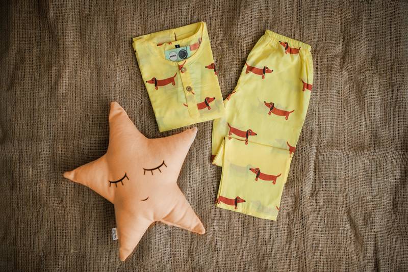 yellow red hand screen printed unisex sleepwear set- set of 2
