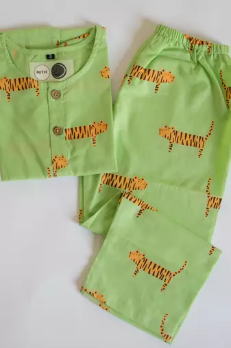green orange hand screen printed unisex sleepwear set- set of 2