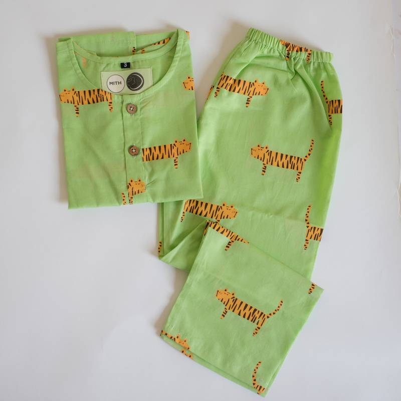 green orange hand screen printed unisex sleepwear set- set of 2