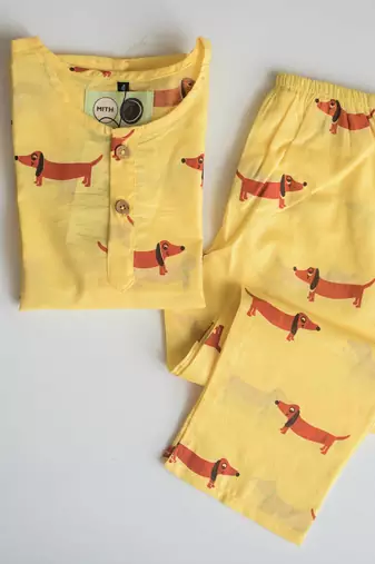 yellow red hand screen printed unisex sleepwear set- set of 2