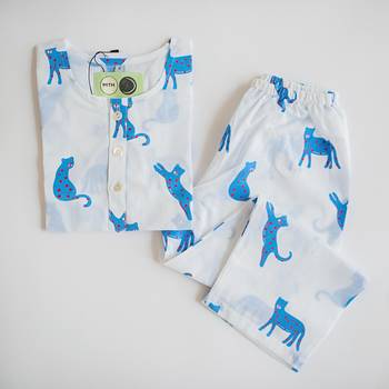 white blue hand screen printed unisex sleepwear set- set of 2 1