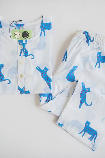white blue hand screen printed unisex sleepwear set- set of 2