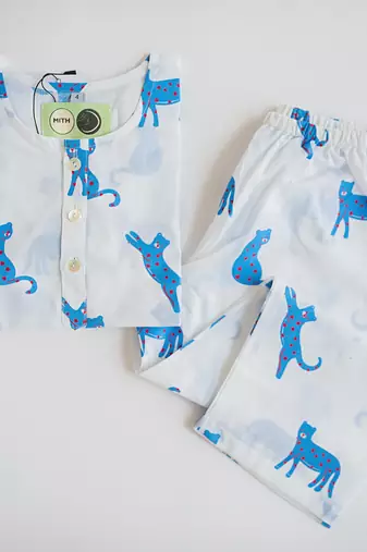 white blue hand screen printed unisex sleepwear set- set of 2