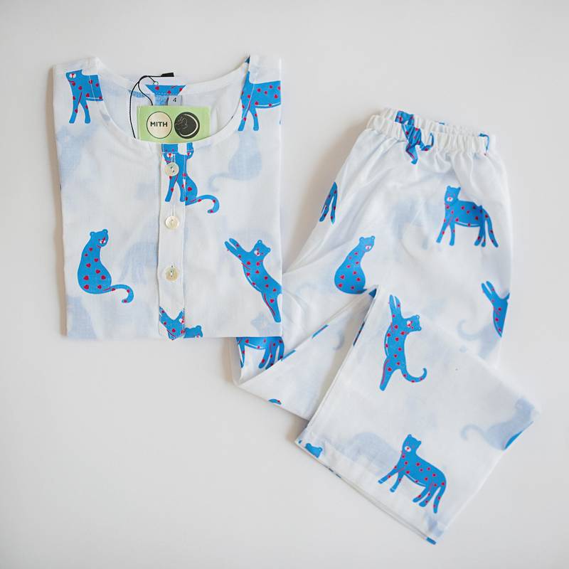 white blue hand screen printed unisex sleepwear set- set of 2
