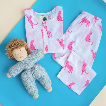 white pink hand screen printed unisex sleepwear set- set of 2 1