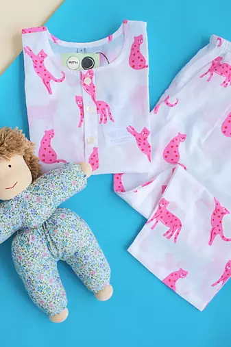 white pink hand screen printed unisex sleepwear set- set of 2