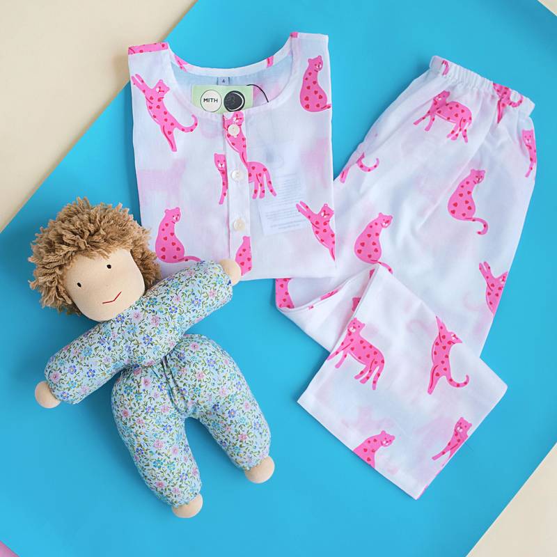white pink hand screen printed unisex sleepwear set- set of 2