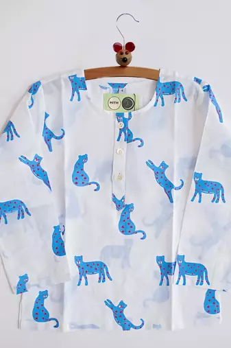 white blue hand screen printed unisex sleepwear set- set of 2
