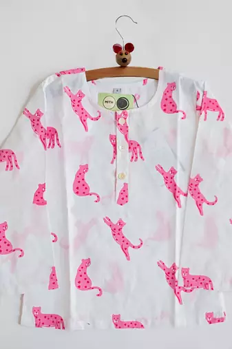 white pink hand screen printed unisex sleepwear set- set of 2