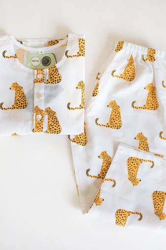 white yellow hand screen printed unisex sleepwear set- set of 2