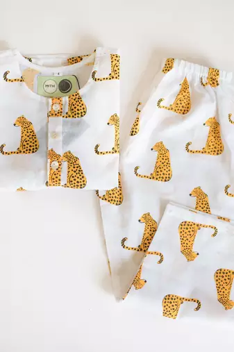 white yellow hand screen printed unisex sleepwear set- set of 2