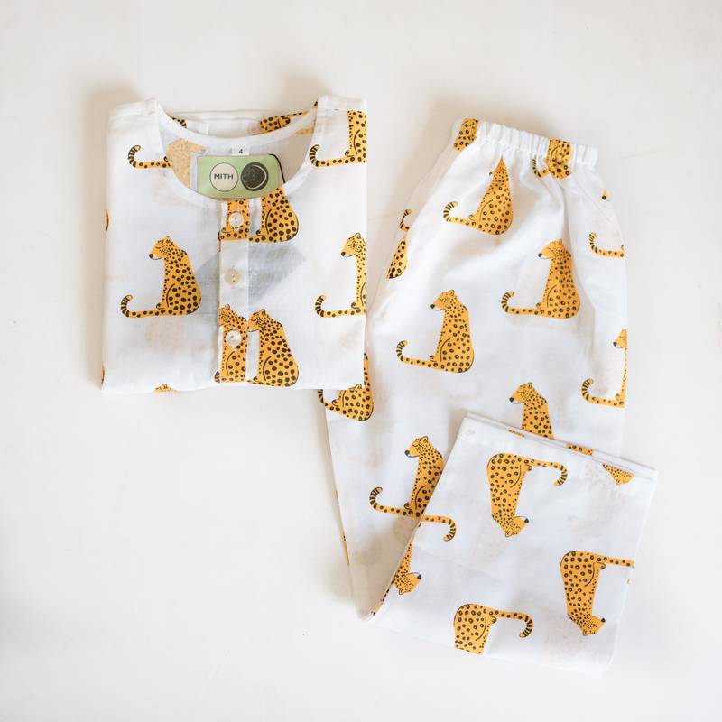 white yellow hand screen printed unisex sleepwear set- set of 2