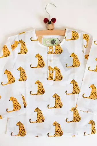 white yellow hand screen printed unisex sleepwear set- set of 2
