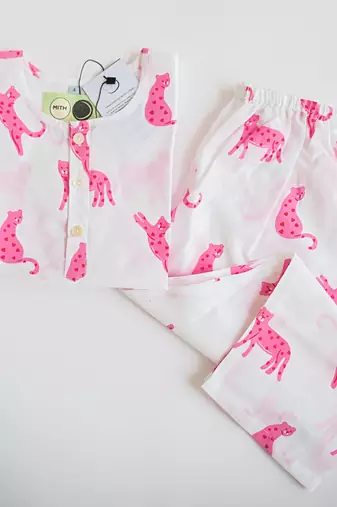 white pink hand screen printed unisex sleepwear set- set of 2
