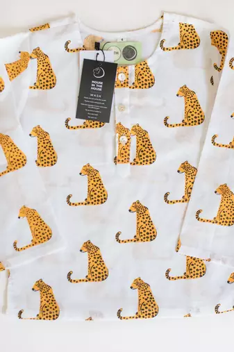 white yellow hand screen printed unisex sleepwear set- set of 2