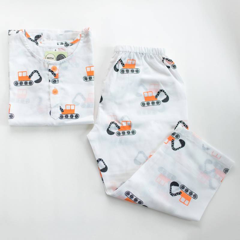 white orange hand screen printed unisex sleepwear set- set of 2