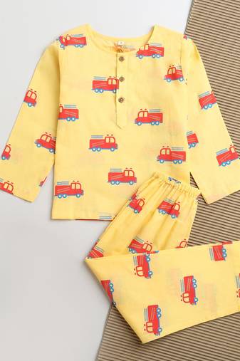 yellow red  hand screen printed unisex sleepwear set- set of 2