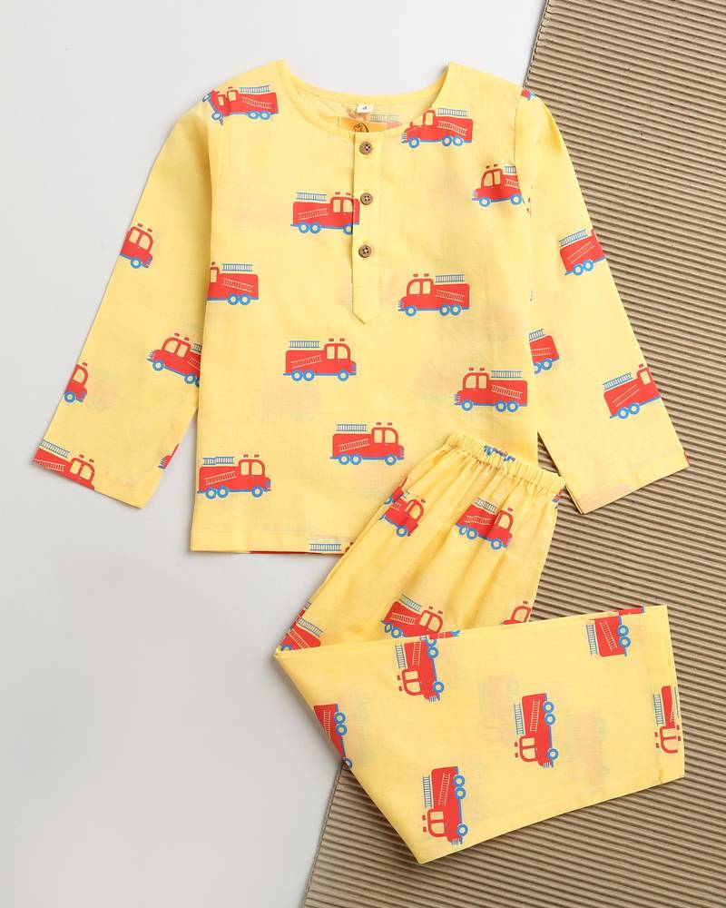 yellow red  hand screen printed unisex sleepwear set- set of 2