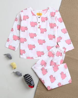 white pink  hand screen printed unisex sleepwear set- set of 2 1