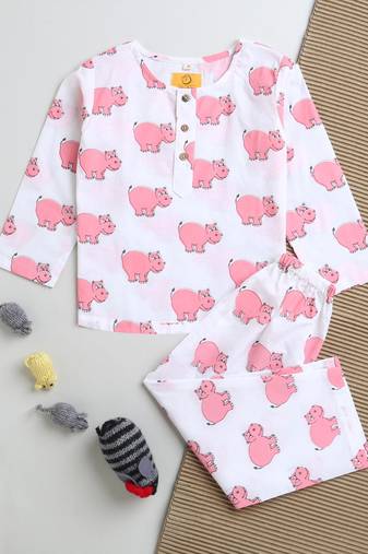 white pink  hand screen printed unisex sleepwear set- set of 2