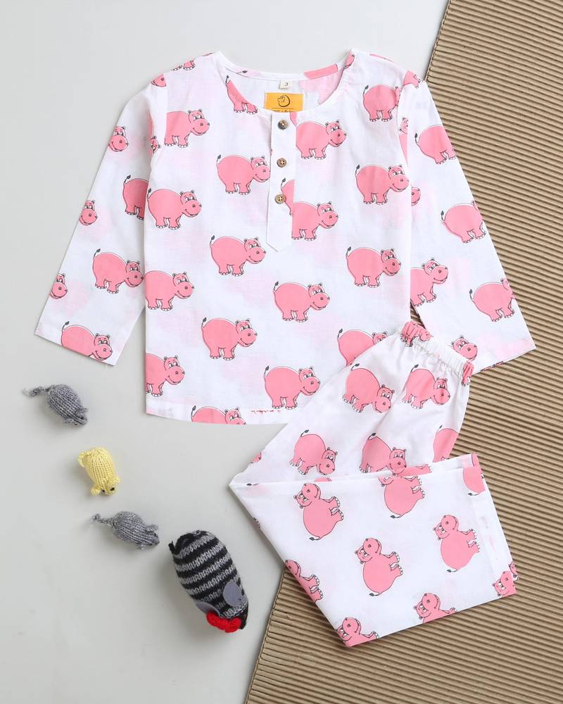 white pink  hand screen printed unisex sleepwear set- set of 2