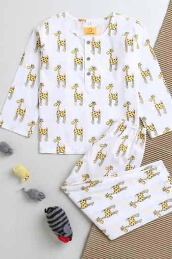 white yellow hand screen printed unisex sleepwear set- set of 2