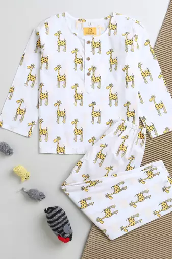 white yellow hand screen printed unisex sleepwear set- set of 2