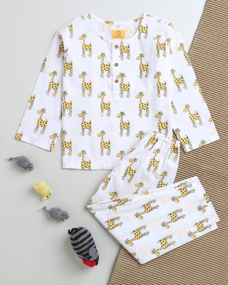 white yellow hand screen printed unisex sleepwear set- set of 2