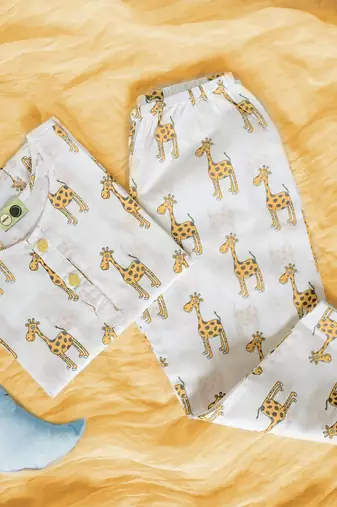 white yellow hand screen printed unisex sleepwear set- set of 2