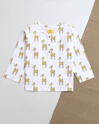 white yellow hand screen printed unisex sleepwear set- set of 2 3