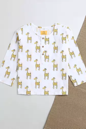 white yellow hand screen printed unisex sleepwear set- set of 2