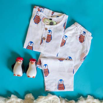 white multicolor hand screen printed unisex sleepwear set- set of 2 1