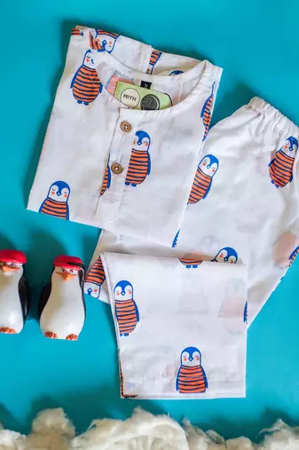 white multicolor hand screen printed unisex sleepwear set- set of 2