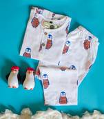 white multicolor hand screen printed unisex sleepwear set- set of 2