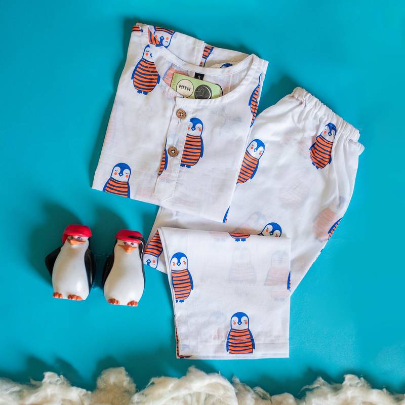 white multicolor hand screen printed unisex sleepwear set- set of 2
