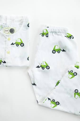 white green hand screen printed unisex sleepwear set- set of 2
