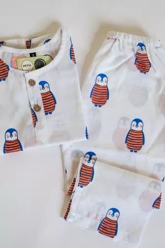 white multicolor hand screen printed unisex sleepwear set- set of 2