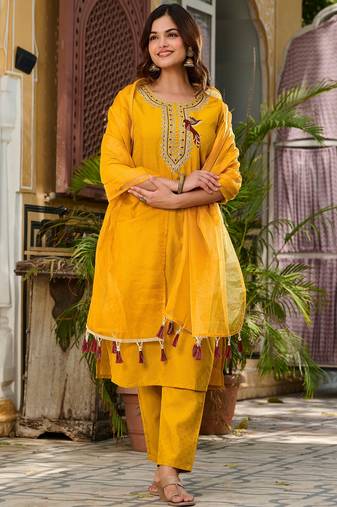 Viscose Rayon Mustard Color Embroidery Kurta Set
