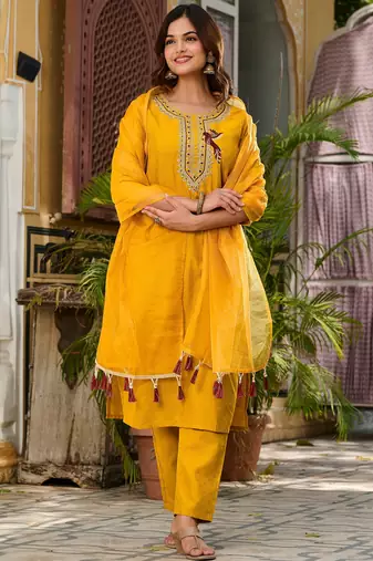 Viscose Rayon Mustard Color Embroidery Kurta Set