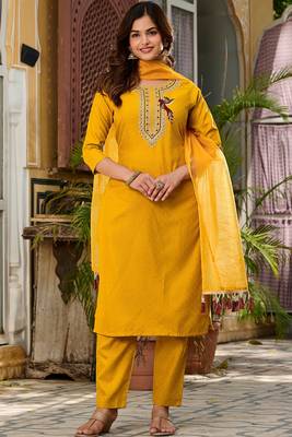 Viscose Rayon Mustard Color Embroidery Kurta Set 2