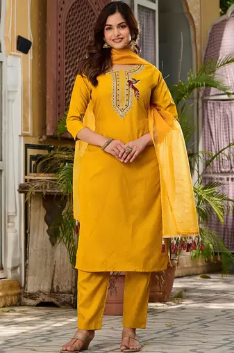Viscose Rayon Mustard Color Embroidery Kurta Set