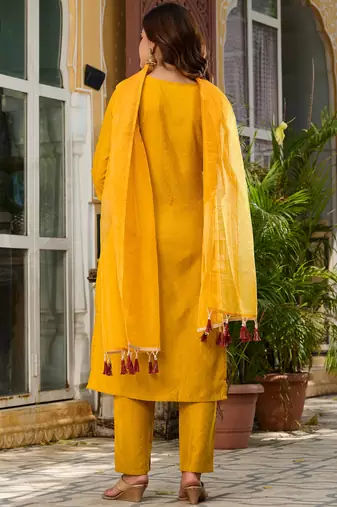 Viscose Rayon Mustard Color Embroidery Kurta Set