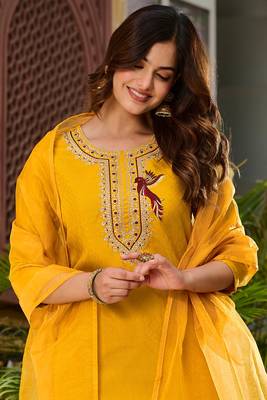 Viscose Rayon Mustard Color Embroidery Kurta Set 4