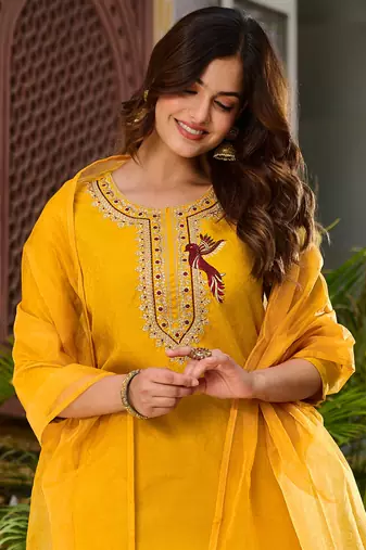 Viscose Rayon Mustard Color Embroidery Kurta Set