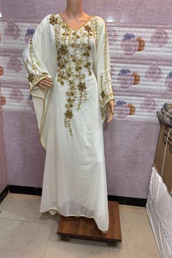 White Kaftan with Golden Embroidery Ethnic Wear for Special Occasions    