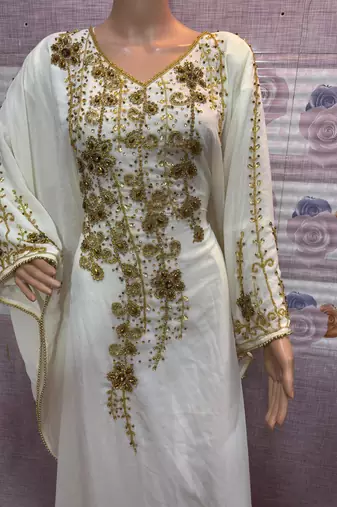 White Kaftan with Golden Embroidery Ethnic Wear for Special Occasions    